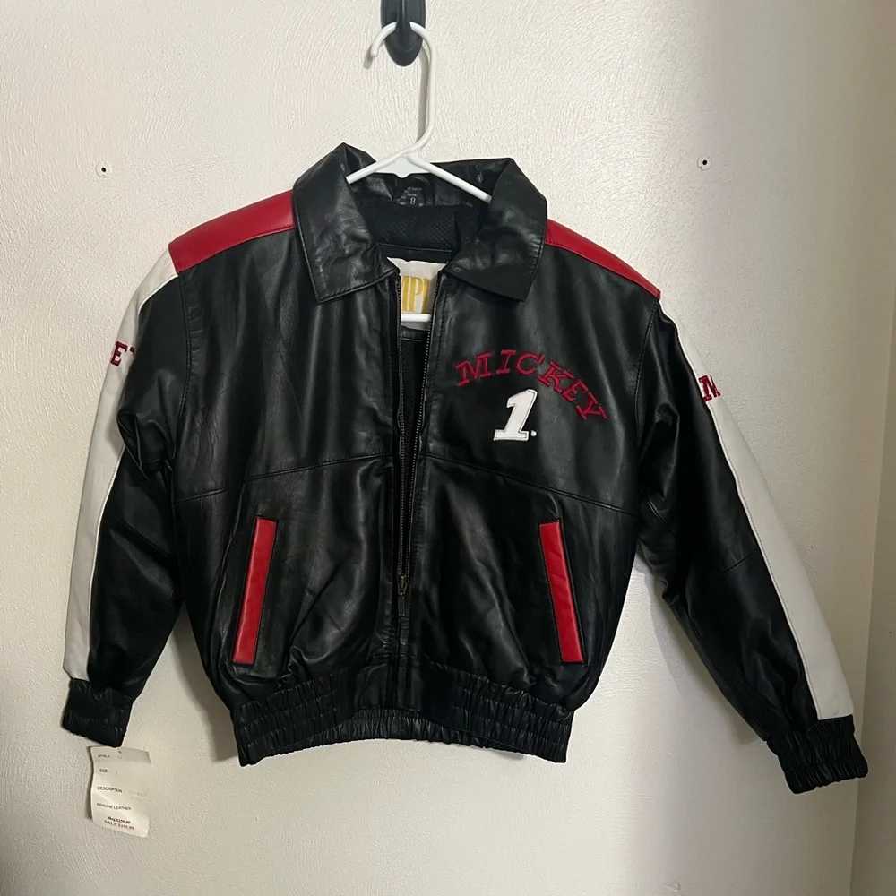 DISNEY Vintage 100% Genuine Leather Mickey‎ Mouse Jacket Embroidered Kids Sz 8